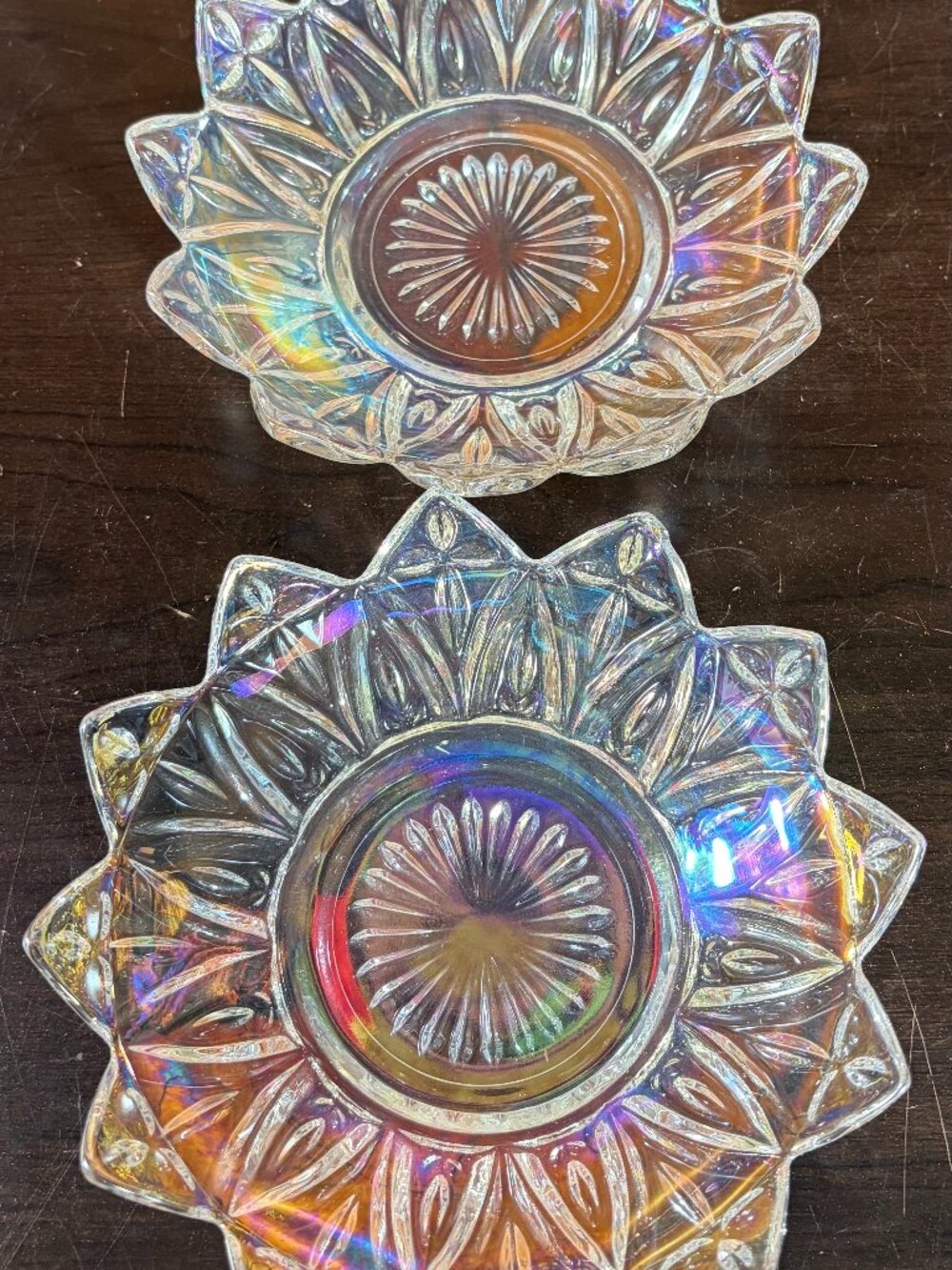 2 Vintage Iridescent Federal Glass Atomic Starburst Flower Carnival Serving Dish
